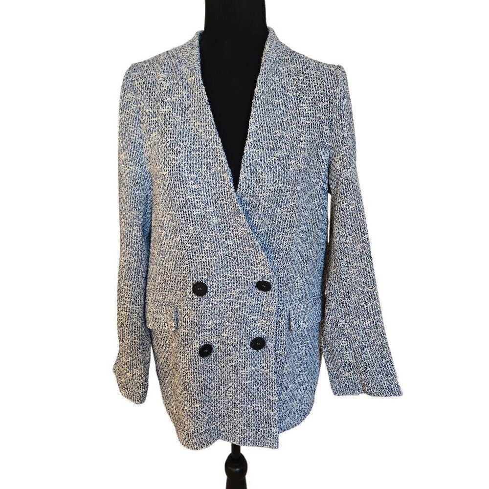 Zara Womens Blue White Textured Weave Double Breasted Tweed Blazer Jacket Small